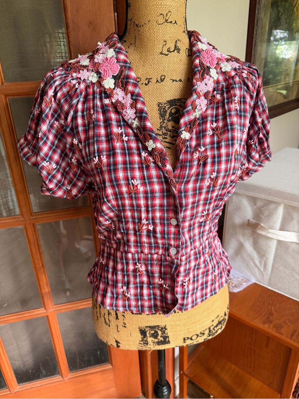 Antik Batik Red Plaid Button-Front Top with Pink Floral Appliqué